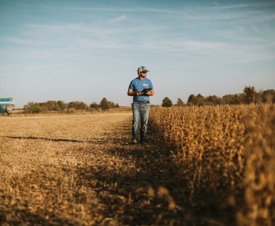 a farmer walks through his field